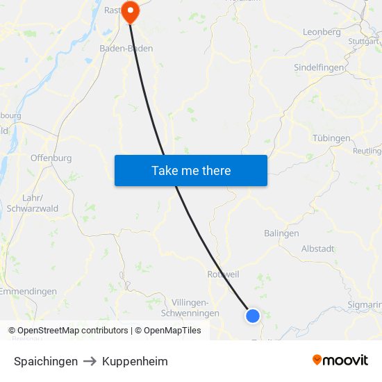 Spaichingen to Kuppenheim map