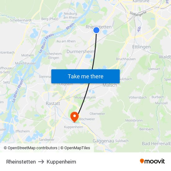 Rheinstetten to Kuppenheim map