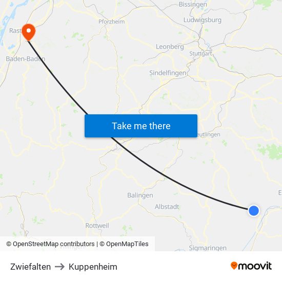 Zwiefalten to Kuppenheim map
