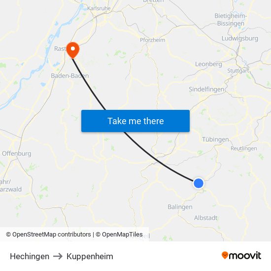 Hechingen to Kuppenheim map