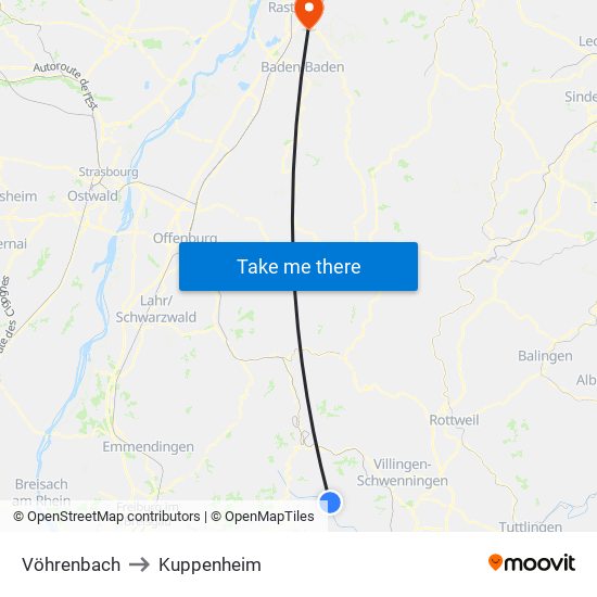 Vöhrenbach to Kuppenheim map