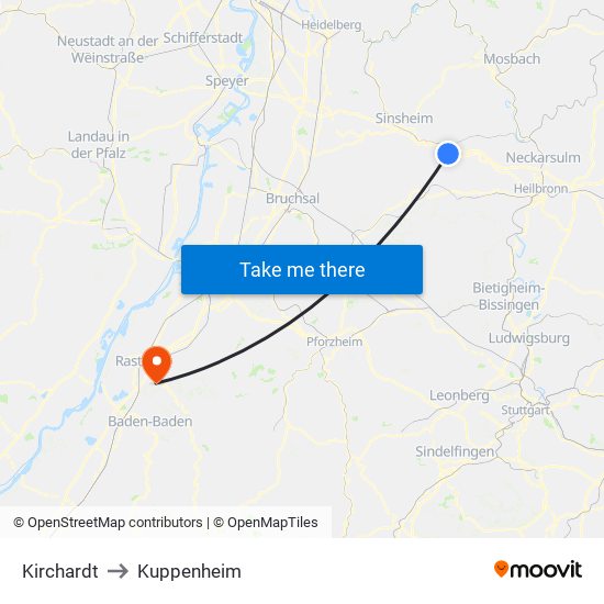 Kirchardt to Kuppenheim map