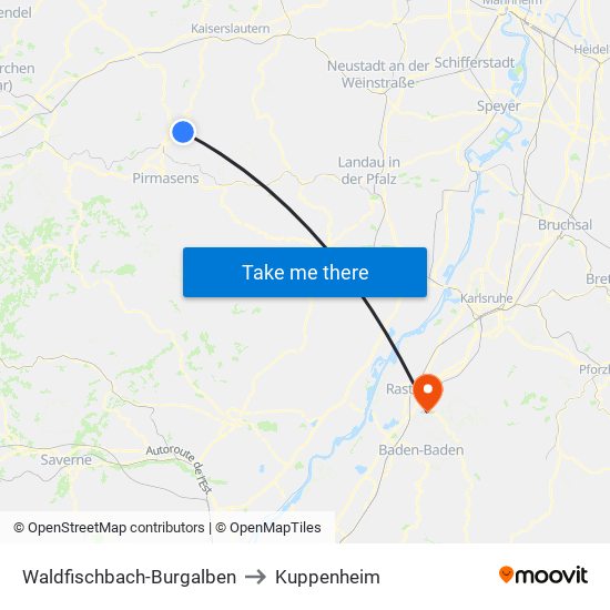 Waldfischbach-Burgalben to Kuppenheim map