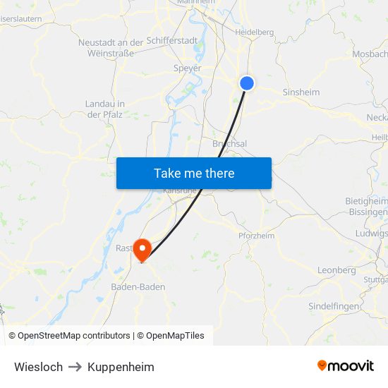 Wiesloch to Kuppenheim map