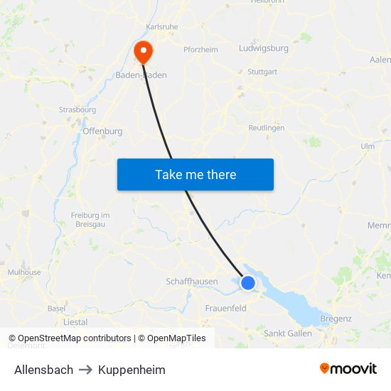 Allensbach to Kuppenheim map