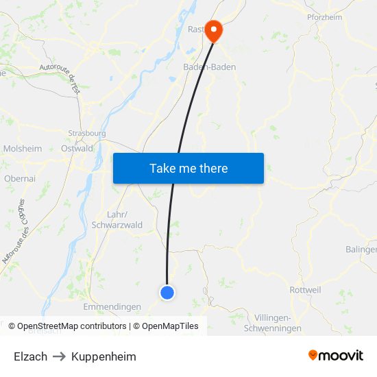 Elzach to Kuppenheim map