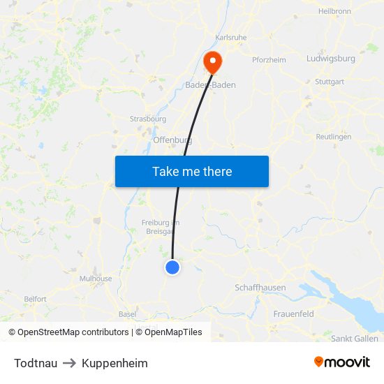 Todtnau to Kuppenheim map