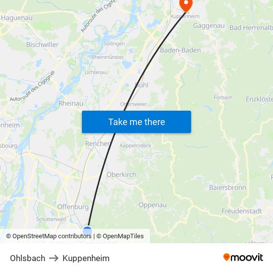 Ohlsbach to Kuppenheim map