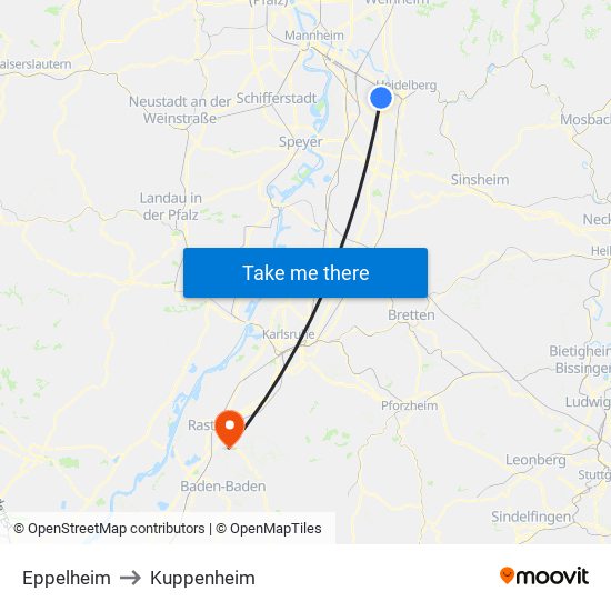 Eppelheim to Kuppenheim map