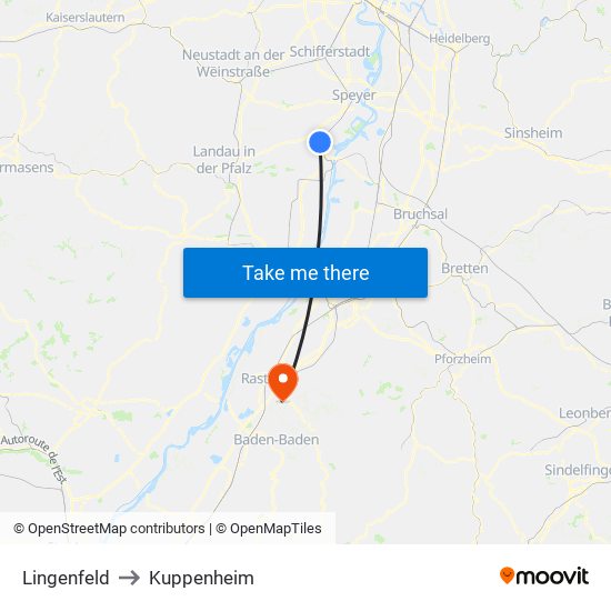 Lingenfeld to Kuppenheim map