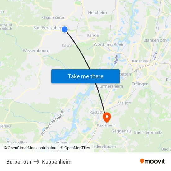 Barbelroth to Kuppenheim map