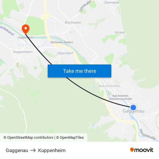 Gaggenau to Kuppenheim map