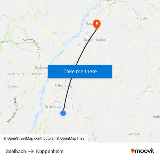 Seelbach to Kuppenheim map