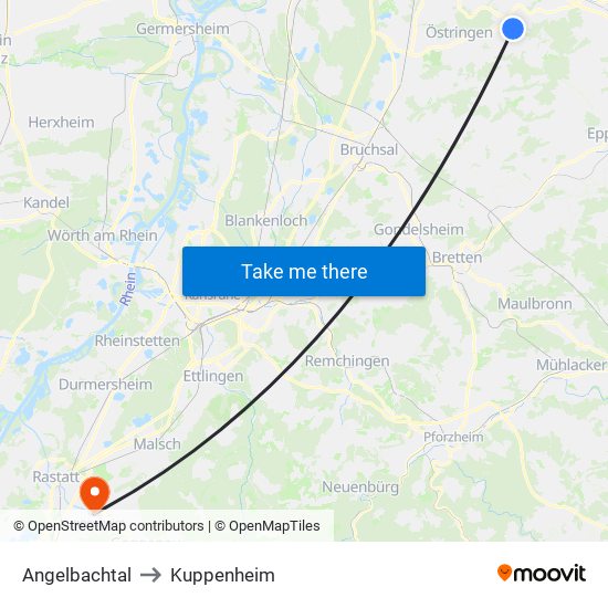 Angelbachtal to Kuppenheim map