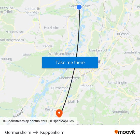 Germersheim to Kuppenheim map