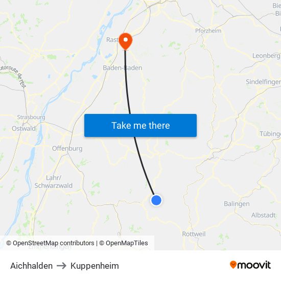 Aichhalden to Kuppenheim map