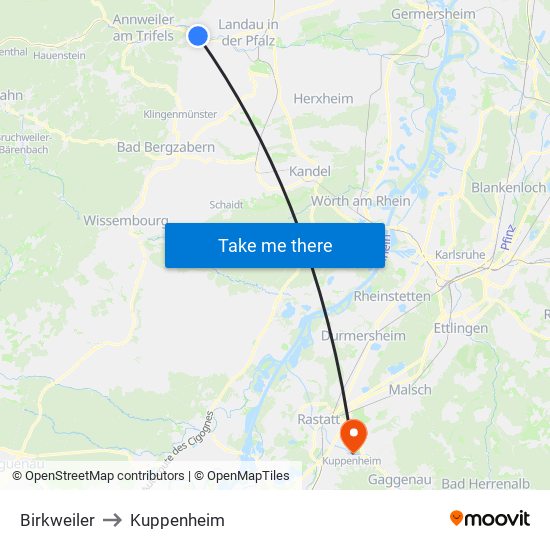 Birkweiler to Kuppenheim map