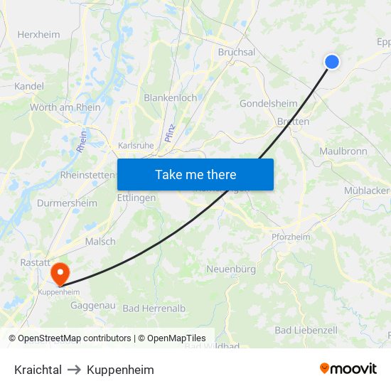 Kraichtal to Kuppenheim map