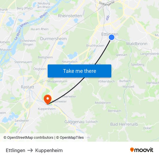 Ettlingen to Kuppenheim map