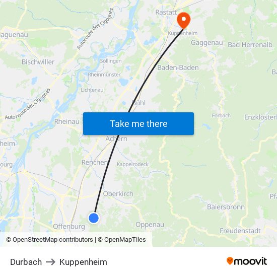 Durbach to Kuppenheim map