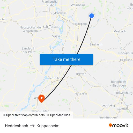 Heddesbach to Kuppenheim map