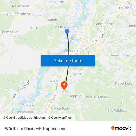 Wörth am Rhein to Kuppenheim map