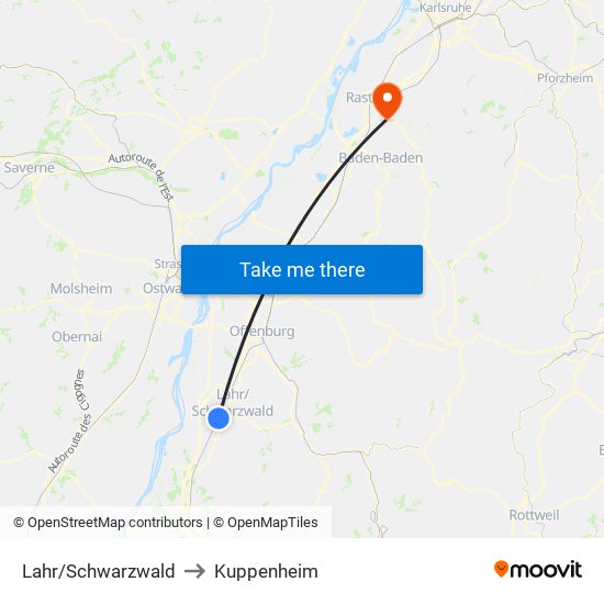 Lahr/Schwarzwald to Kuppenheim map