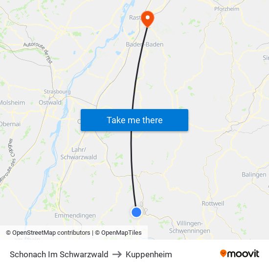 Schonach Im Schwarzwald to Kuppenheim map
