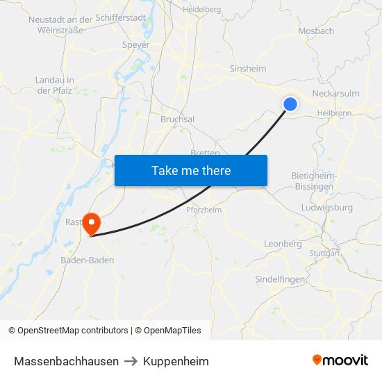 Massenbachhausen to Kuppenheim map