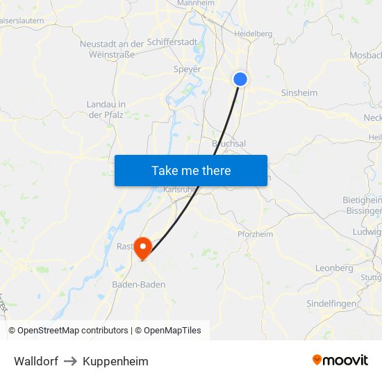 Walldorf to Kuppenheim map