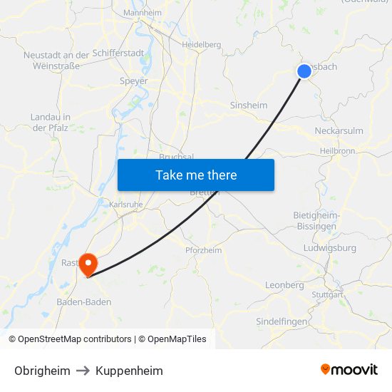 Obrigheim to Kuppenheim map