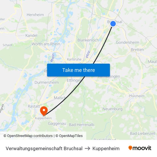 Verwaltungsgemeinschaft Bruchsal to Kuppenheim map