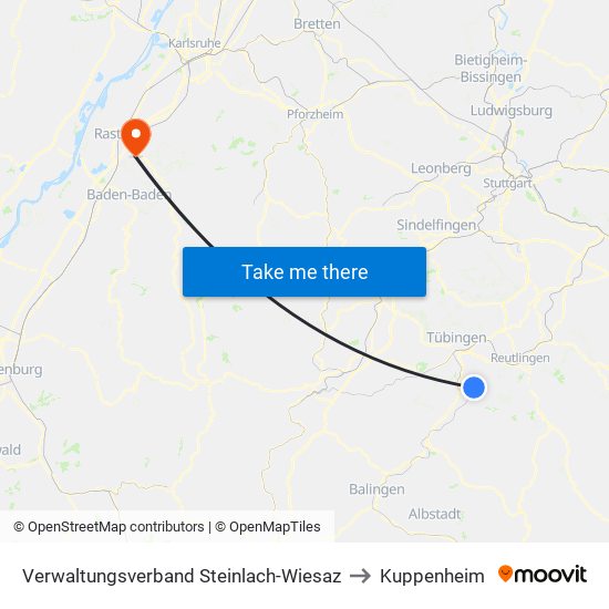 Verwaltungsverband Steinlach-Wiesaz to Kuppenheim map