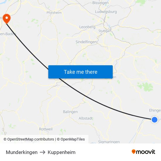 Munderkingen to Kuppenheim map
