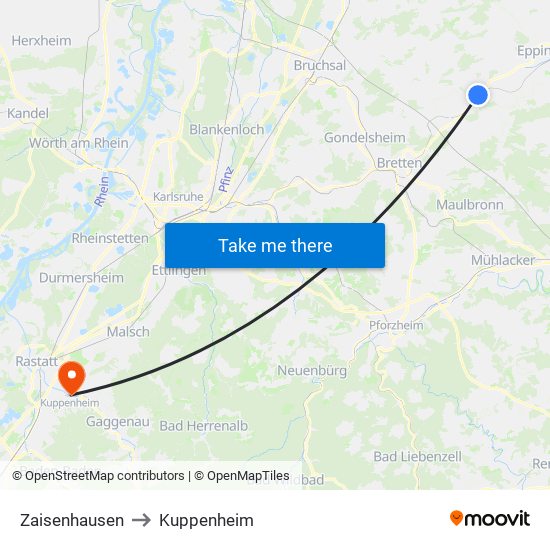 Zaisenhausen to Kuppenheim map