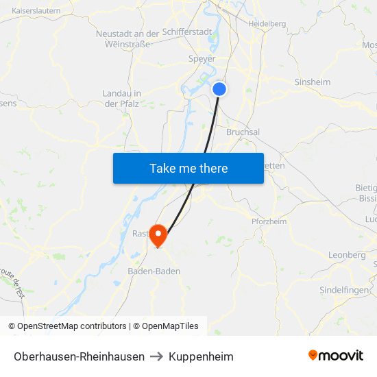 Oberhausen-Rheinhausen to Kuppenheim map