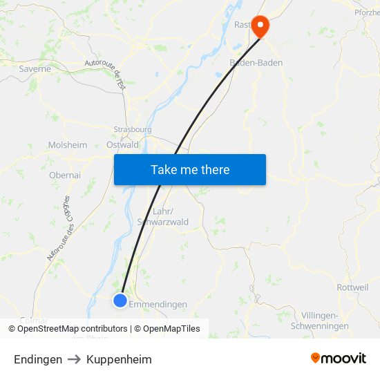 Endingen to Kuppenheim map