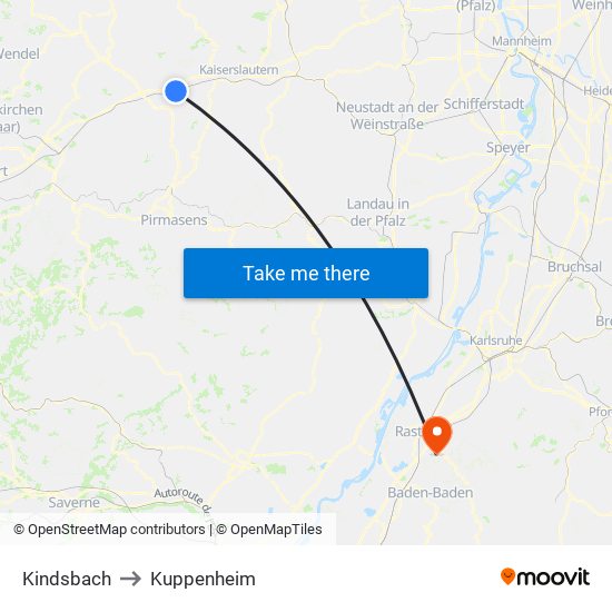 Kindsbach to Kuppenheim map