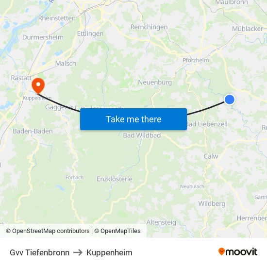 Gvv Tiefenbronn to Kuppenheim map