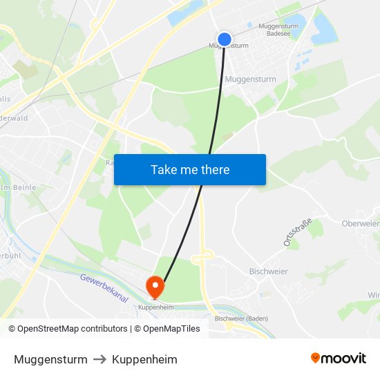 Muggensturm to Kuppenheim map