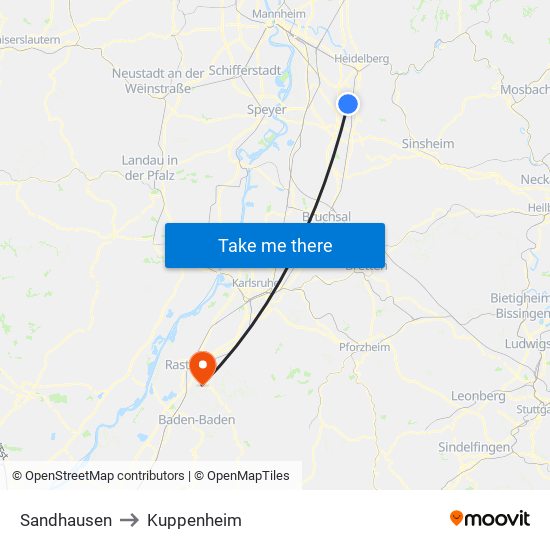 Sandhausen to Kuppenheim map