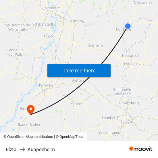 Elztal to Kuppenheim map