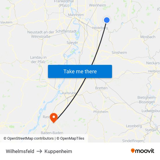 Wilhelmsfeld to Kuppenheim map