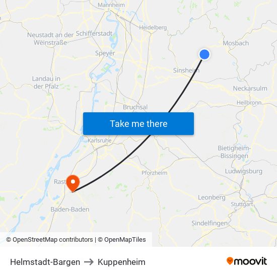 Helmstadt-Bargen to Kuppenheim map