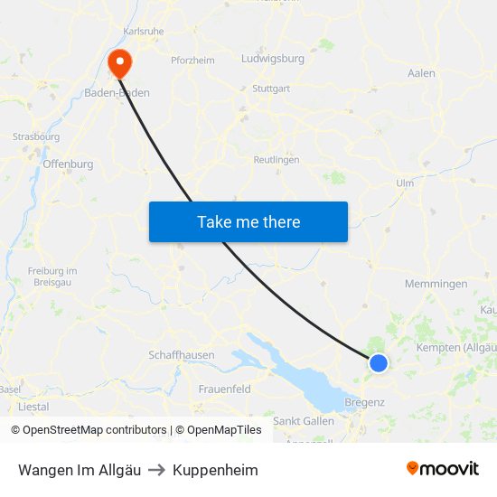 Wangen Im Allgäu to Kuppenheim map