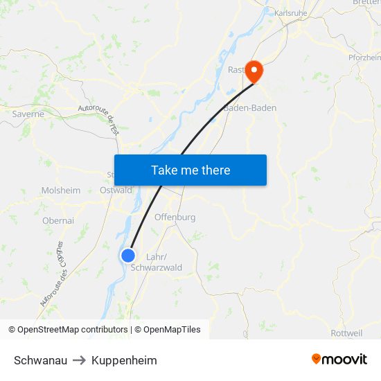 Schwanau to Kuppenheim map