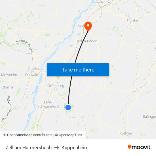 Zell am Harmersbach to Kuppenheim map