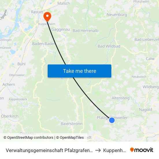 Verwaltungsgemeinschaft Pfalzgrafenweiler to Kuppenheim map