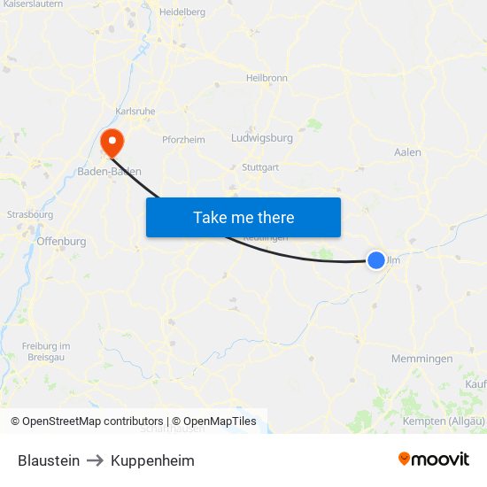 Blaustein to Kuppenheim map