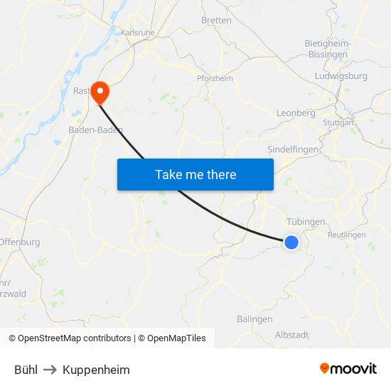 Bühl to Kuppenheim map